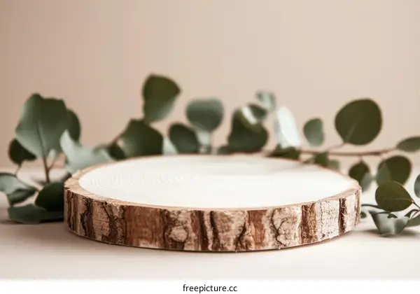 Natural Wooden Slice Display Stand with Eucalyptus