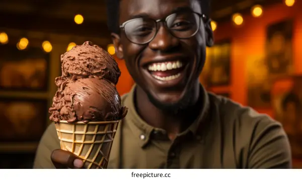 Black man eating chocolate ice cream