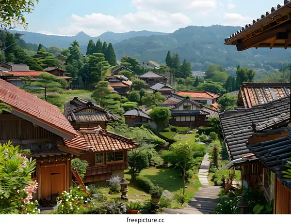 Traditional Japanese Village Houses in Green Mountain Landscape