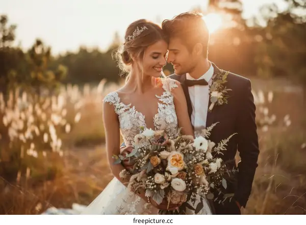 Happy Couple in Love at Sunset in a Field of Tall Grass