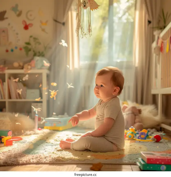 Little Caucasian Girl Playing in a Sunny Room With Butterflies