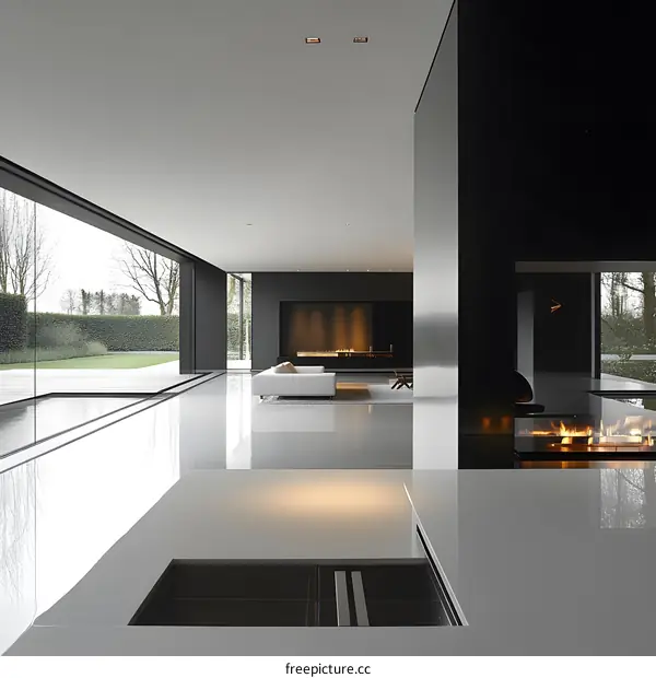 Modern Minimalist Interior Design with Fireplace and Large Windows