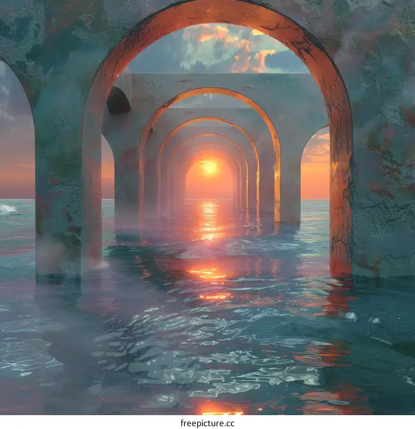 Futuristic City at Sunset with Arched Bridges Over Calm Sea