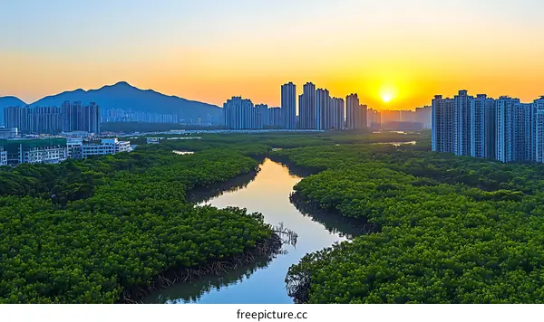 Sunrise over Mangrove Forest and Cityscape