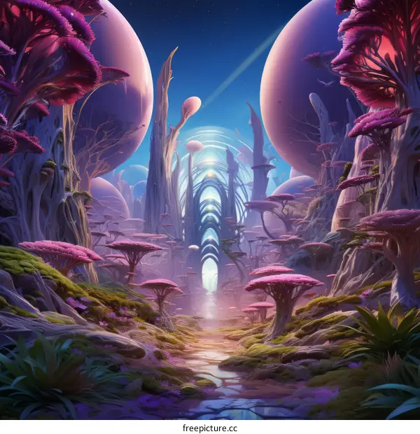 fantasy landscape with pink trees and blue sky