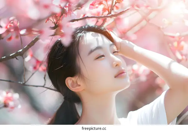 Young Asian Woman Surrounded by Pink Cherry Blossoms
