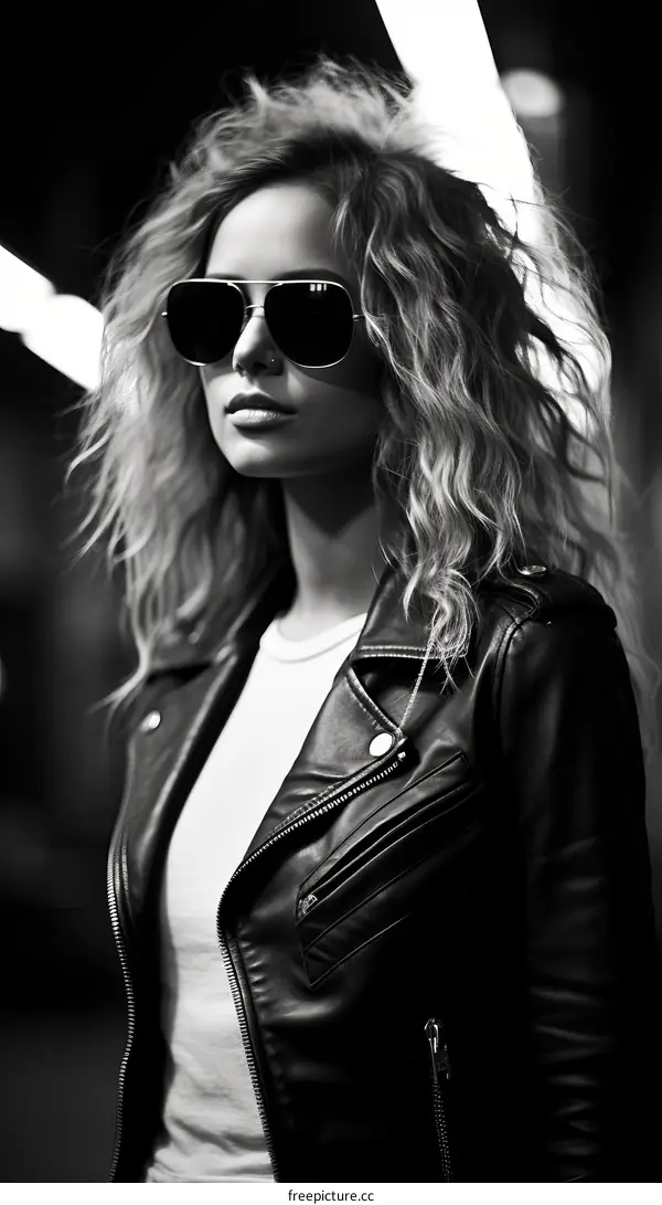 Black and White Portrait of a Woman in a Leather Jacket