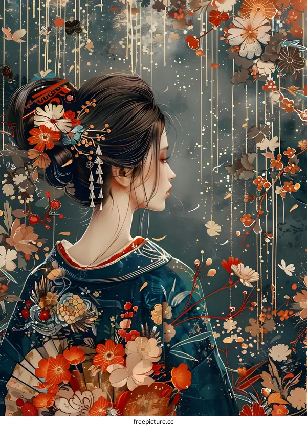 An illustration of a woman in a kimono with a beautiful floral pattern and a fan.