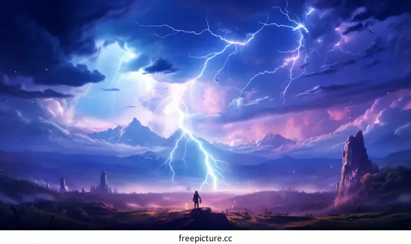 Fantasy landscape with lightning storm and mountains