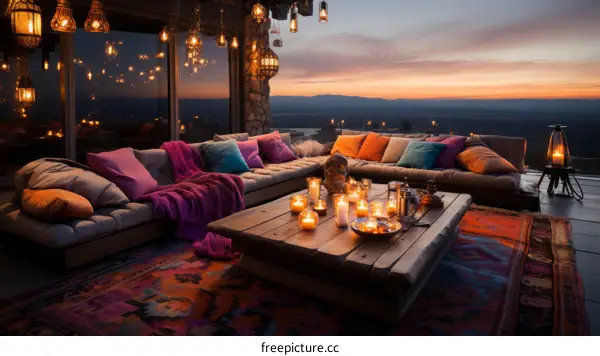 Modern luxury bohemian terrace with sunset mountain landscape view