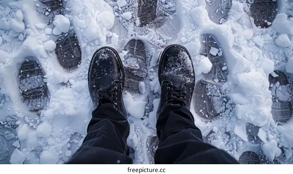 A person wearing black boots standing in the snow
