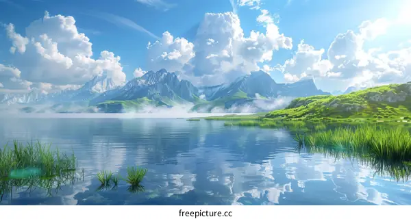 Beautiful mountain lake with fog and blue sky