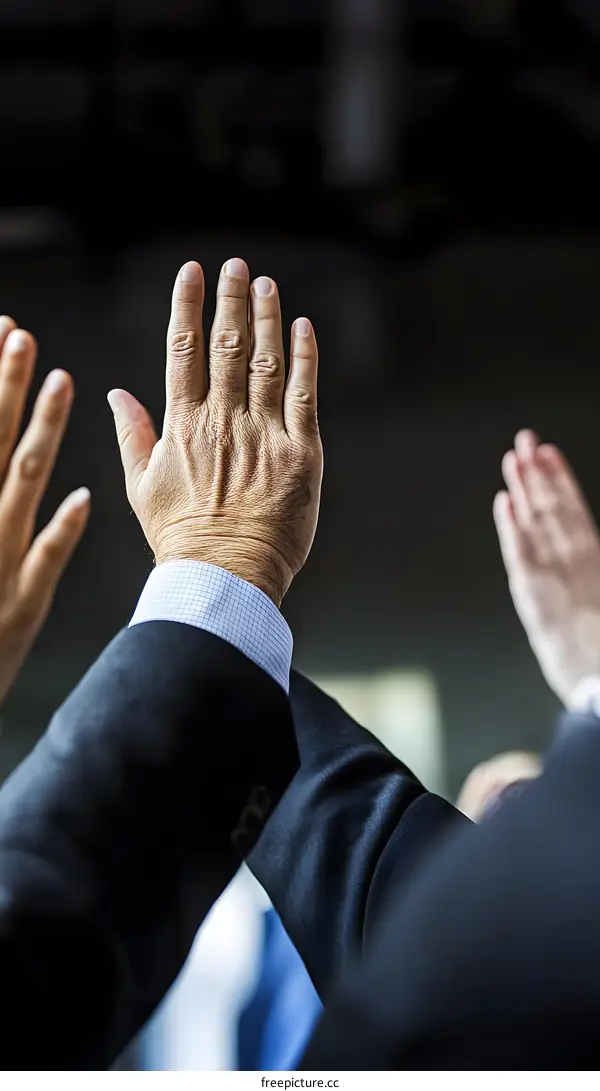 Closeup of Business People Raising Hands in Meeting