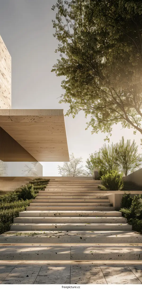 Large outdoor stone staircase leading up to a modern building with large stone overhang
