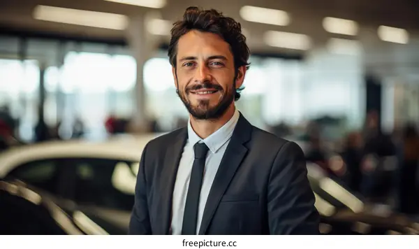 Portrait of a car salesman standing in a car dealership