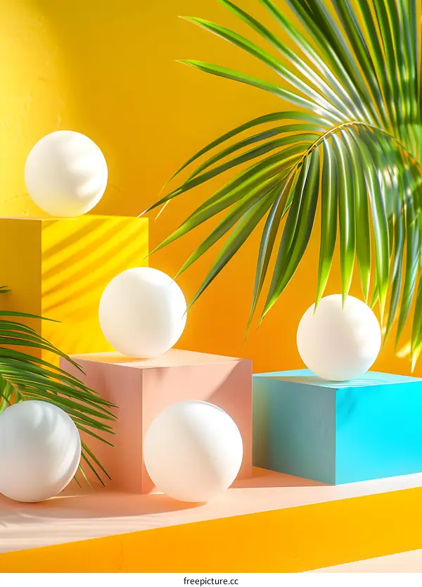 Abstract Summer Background with Colorful Cubes and White Spheres