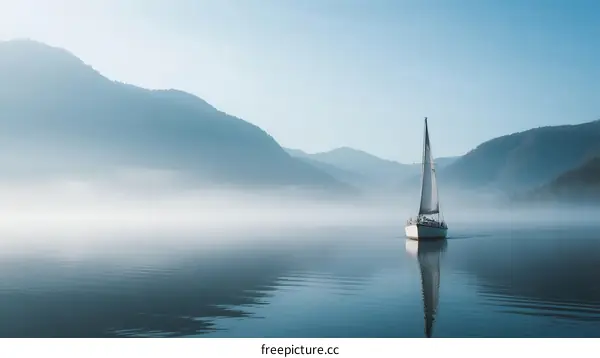 Sailboat gliding smoothly on misty mountain lake at dawn
