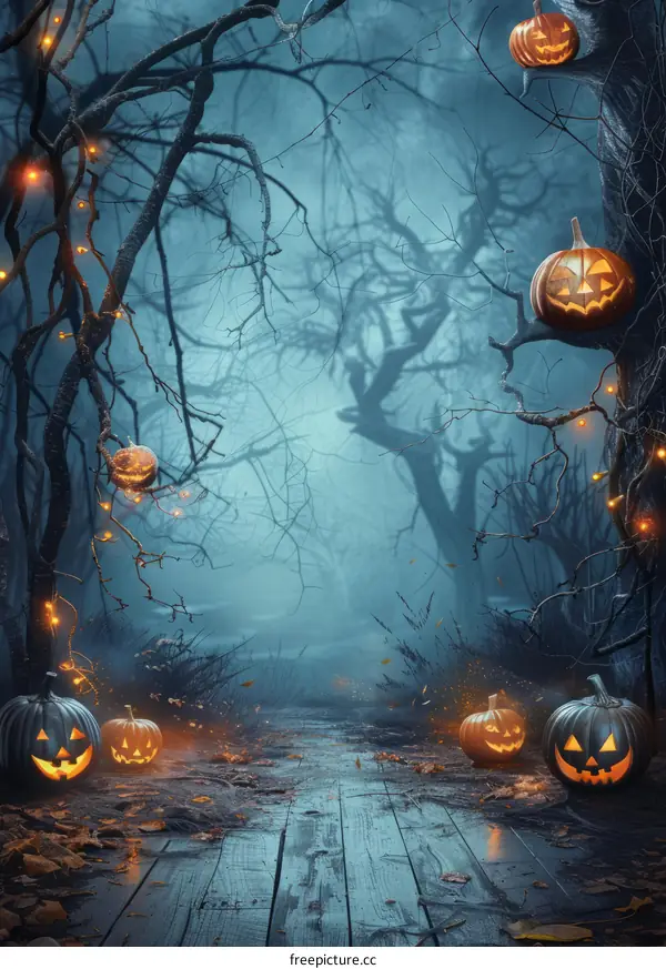 Wooden bridge in a mysterious foggy forest with scary pumpkins and lights