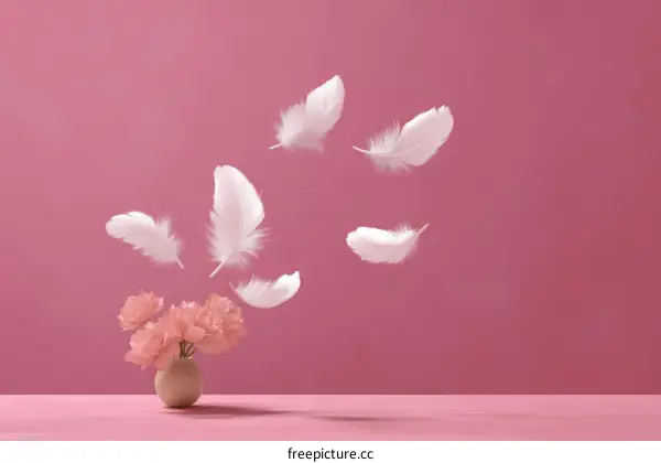 Elegant Pink Flowers and Floating White Feathers