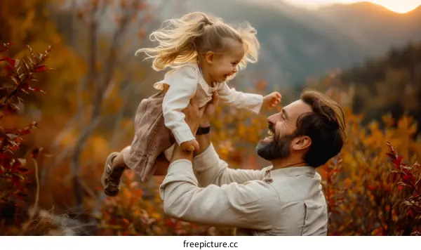 Father and daughter playing in the autumn forest