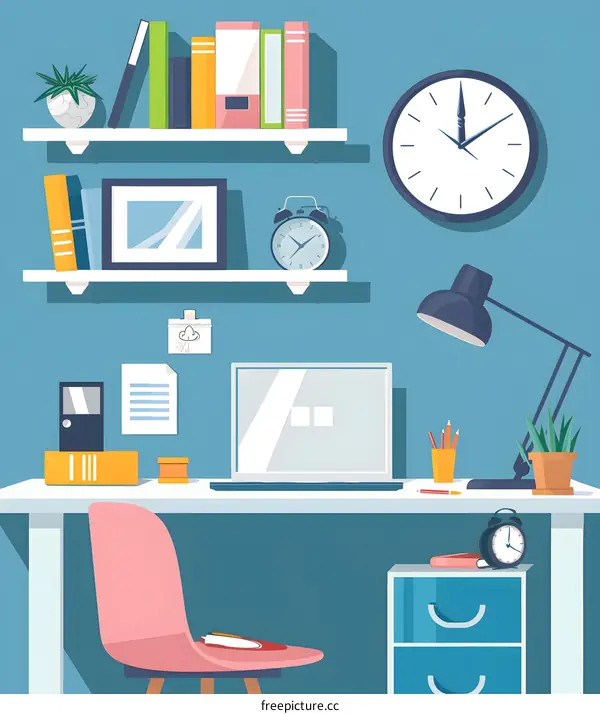 Home Office Desk With Computer and Clock Illustration