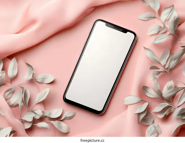 Mobile Phone Mockup with Fabric and Leaves