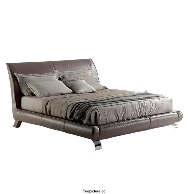 [Transparent Background PNG]Modern Brown Leather Bed with Chrome Legs