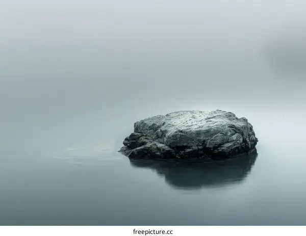 A large rock sits in the middle of a still lake on a foggy day