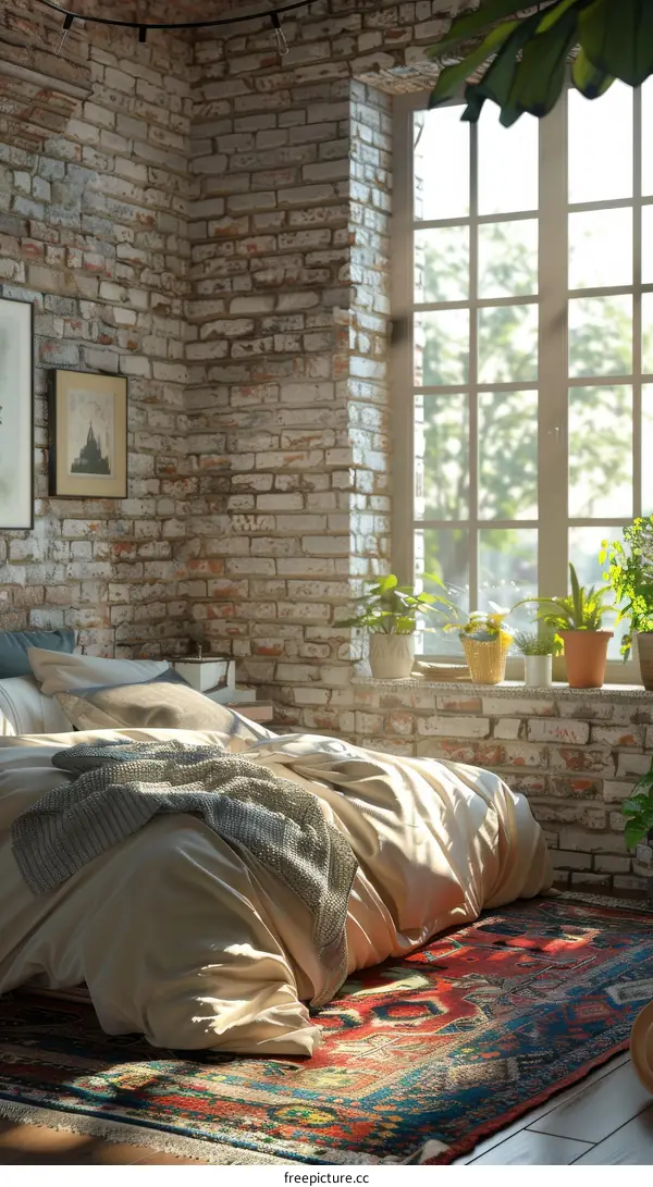 Rustic Bedroom Interior with Brick Wall and Big Window