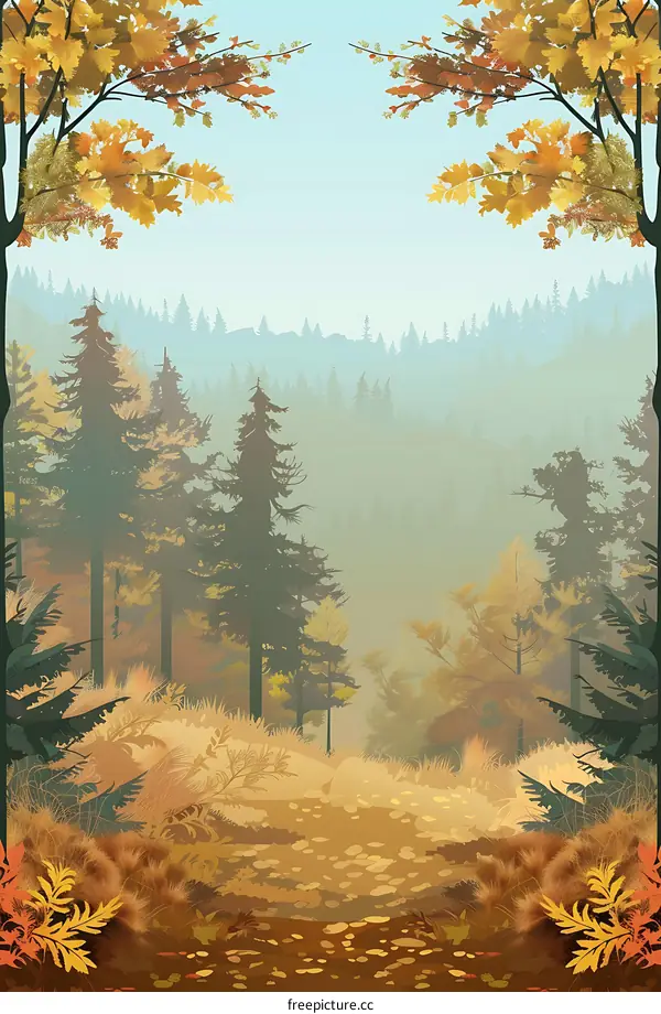 Autumn Forest Landscape with Misty Mountains and Golden Leaves