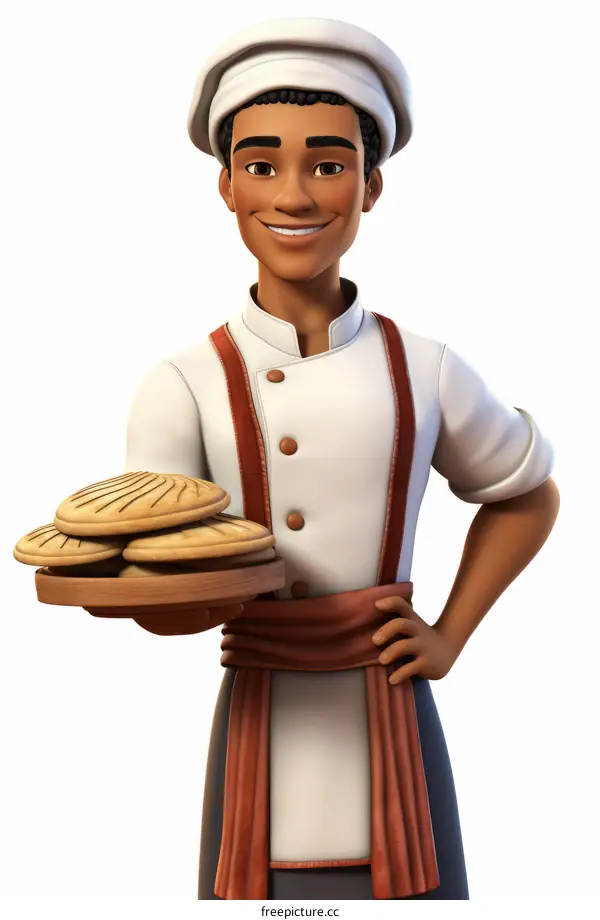 An illustration of a smiling male chef holding a plate of bread