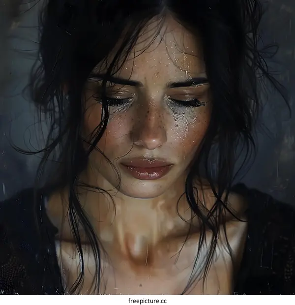 portrait of a beautiful young woman with wet hair and freckles on her face