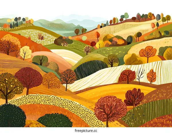 Autumn Landscape Painting with Rolling Hills and Trees