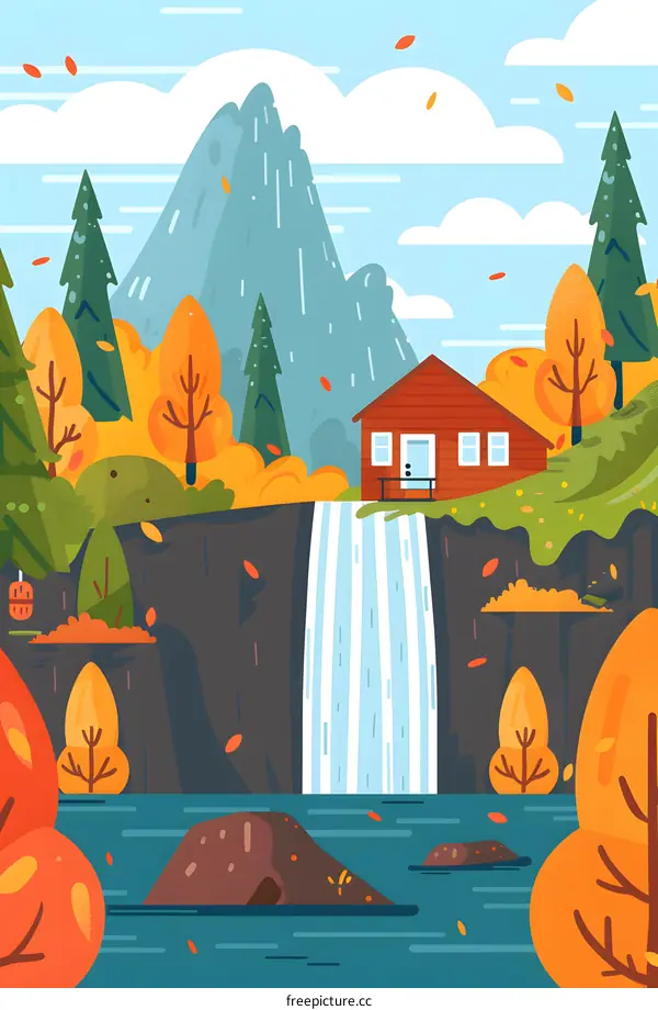 Autumn Landscape with Waterfall and Cabin