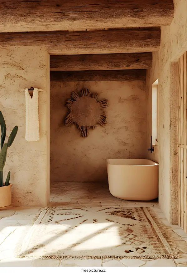 Minimalist Bathroom Interior Design with Rustic Wooden Beams and Woven Sun
