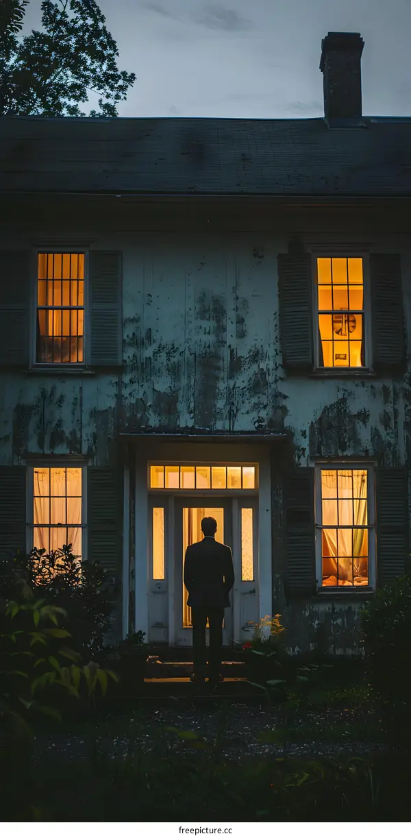 Man Standing in Front of an Old House at Night