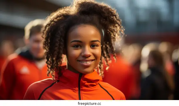 Young female athlete with curly hair smiling at the camera