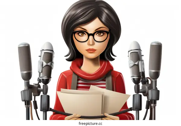 A young female podcaster is recording a podcast in a studio