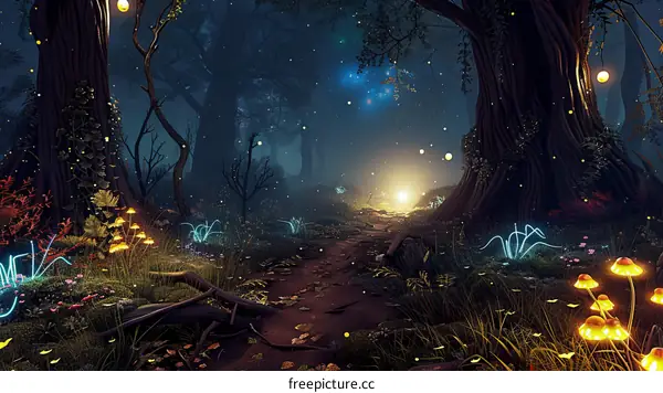 Glowing mushrooms and fireflies light the way through an enchanted forest at night