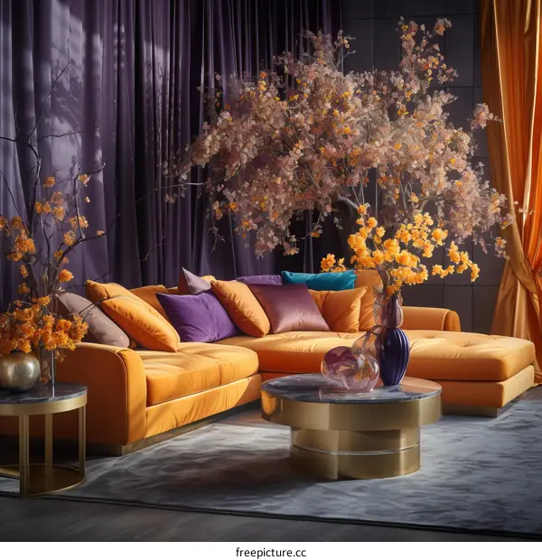 Modern Living Room with Orange Sofa and Floral Decor