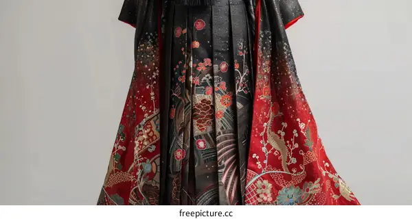 A kimono with a pattern of cherry blossoms and maple leaves