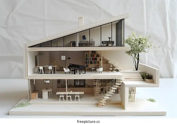 A wooden model house with a piano and furniture inside