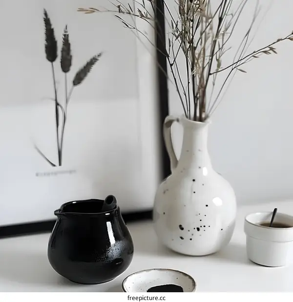 Black and White Ceramic Vase with Dried Flowers and Black and White Ceramic Pot with Black Lid