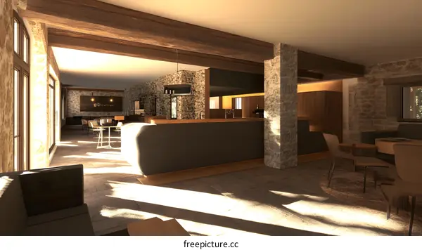 Modern Interior Design with Stone Walls and Wooden Beams