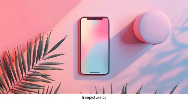 Pink and Blue Background With Palm Leaves and a Phone