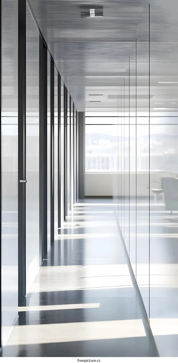 Modern Office Corridor With Glass Walls and Sunlight