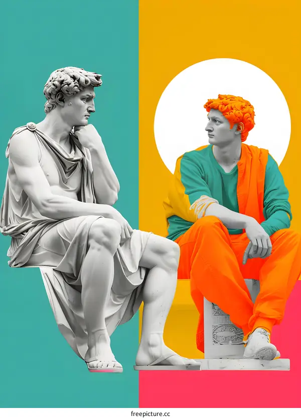 Modern Man and Ancient Statue Sitting Together on a Colored Background