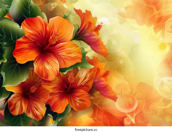 Vibrant Orange Hibiscus Blooms Against Green Leaves