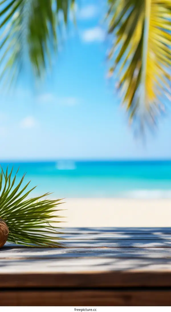 An Empty Wooden Table with Palm Leaves and Coconut on Tropical Beach