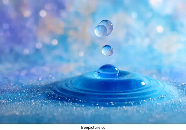 Water Droplets with Circular Ripples on a Blue Surface
